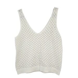 Marine Layer Cream Pointelle Knit V-Neck Tank Top Cotton Linen Blend Large 15947